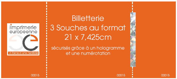 Ces billets avec souche permettent de gérer les réservations et les entrées de tous types d'événements. Pour éviter toute contrefaçon, Ils sont sécurisés grâce à un hologramme et une numérotation   Applications : Billets d'entrée, bons de réduction, cartes d'adhérents, offres promotionnelles, chèques cadeau  Nous avons sélectionné 2 formats pour vos clients : 21 x 9,8 cm avec 2 souches, ou 3 souches au format 21 x 7,425 cm     Fiabilité + sécurité + délai  De 100 à 10 000 exemplaires : quelque soit l’ampleur de la manifestation, ces billets s’adapteront aux contraintes de vos clients.  Livré en 1 délai record : J+3 !    Sécurité  Hologramme: Nos billets sont également sécurisés puisque chaque exemplaire comporte un hologramme à cheval sur la perforation verticale.  Numérotation: Enfin, ils sont numérotés et peuvent être facilement repiqués avec une imprimante laser si besoin.  Vos billets sécurisés vous seront livrés en planche A4 ( 3 billets / planche pour les 2 souches et 4 billets / planche pourles 3 souches)