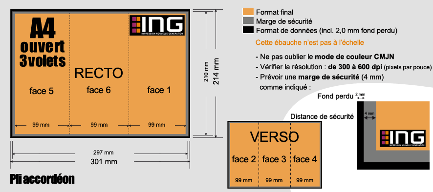 dépliant a4 3volets - Dépliants A4 ouvert - 2 plis -3 volets papier Offset 90g/m²  Lors de votre commande précisez sur vos fichier le pliage  exemple : "roulé recto" et "roulé verso"  ou "accordéon recto" et "accordéon verso"   Papier offset : Les papiers offset sont des papiers naturels avec et sans bois ainsi que des papiers recyclés non couchés avec une surface mate, rugueuse qui sont adaptés au traitement d'impression offset. Exemple connu : le papier typique sensible à imprimantes. l'avantage de ce papier demeure dans la possibilité de tamponnement, d'ecriture ultérieur sont possibles.