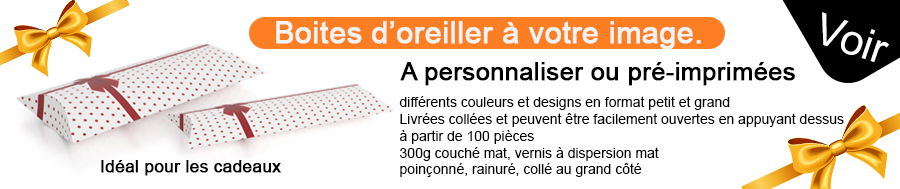 Boîtes d’oreiller à personnaliser ou pré-imprimées Détails du produit : 300g couché mat, vernis à dispersion mat recto seul, 4/0 couleur (impression CMJN recto seul), poinçonné, rainuré, collé au grand côté Boîtes d’oreiller à personnaliser ou pré-imprimées Détails du produit : 300g couché mat, vernis à dispersion mat recto seul, 4/0 couleur (impression CMJN recto seul), poinçonné, rainuré, collé au grand côté